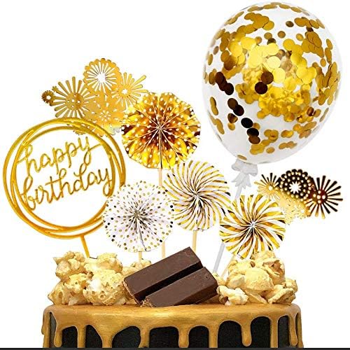iZoeL Tortendeko Gold Happy Birthday Topper Golden Konfetti Luftballon Feuerwerk Papierfächer Kuchendeko Geburtstagstorte