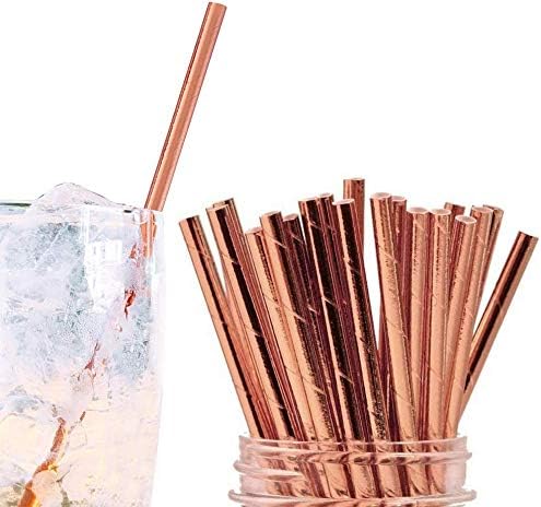 iZoeL 60 Party Cups 9oz (ca 266 ml) Roségold und 60 Strohhalme Einwegpapier Geschirr Einwegbecher Party Geschirr Set für Kindergeburtstagsfeiern