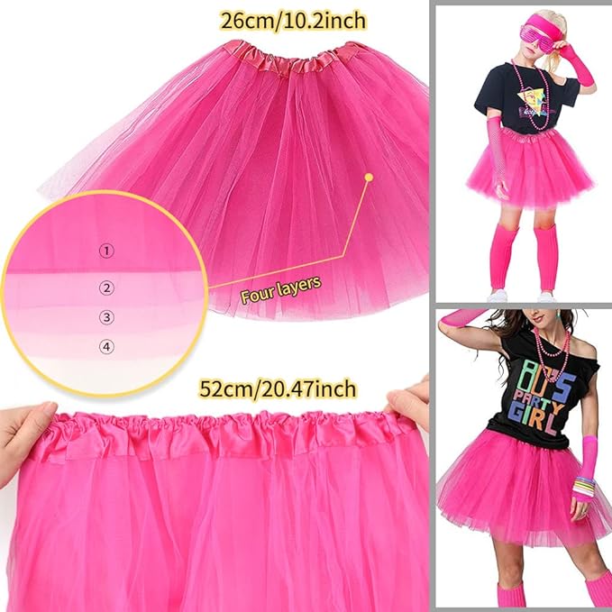 iZoeL 80er Jahre Kostüm Damen, 80er Outfit 80er Kleidung, 15tgl. Ink. Tutu Rock Bauchtasche Haarreif Brille Armband Halskette Ohrringe, 80er Retro Party Accessoires