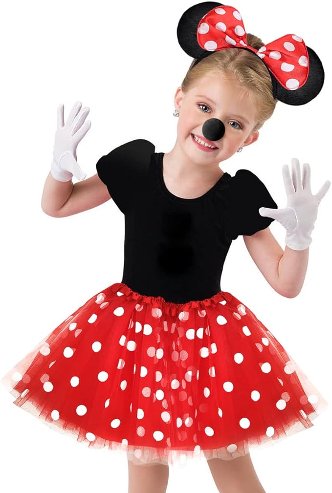 iZoeL Mädchen Maus Mouse Kostüm Rot Tutu mit weiß Gepunktet + Haarreifen mit Maus Ohren + Handschuhe + Nase für Halloween Birthday Fasching Karneval Motto Cosplay Party