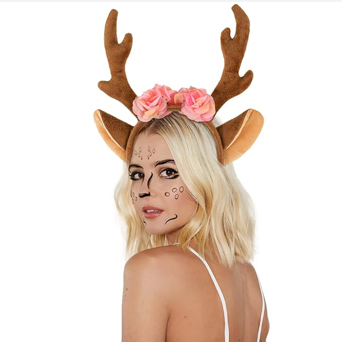 iZoeL Karneval Kostüm Damen Mädchen, Haarreif Reh Geweih Hörner mit Blumen + Reh Gesichtstattoo, Damen Kinder Fasching Kopfschmuck Haarreifen
