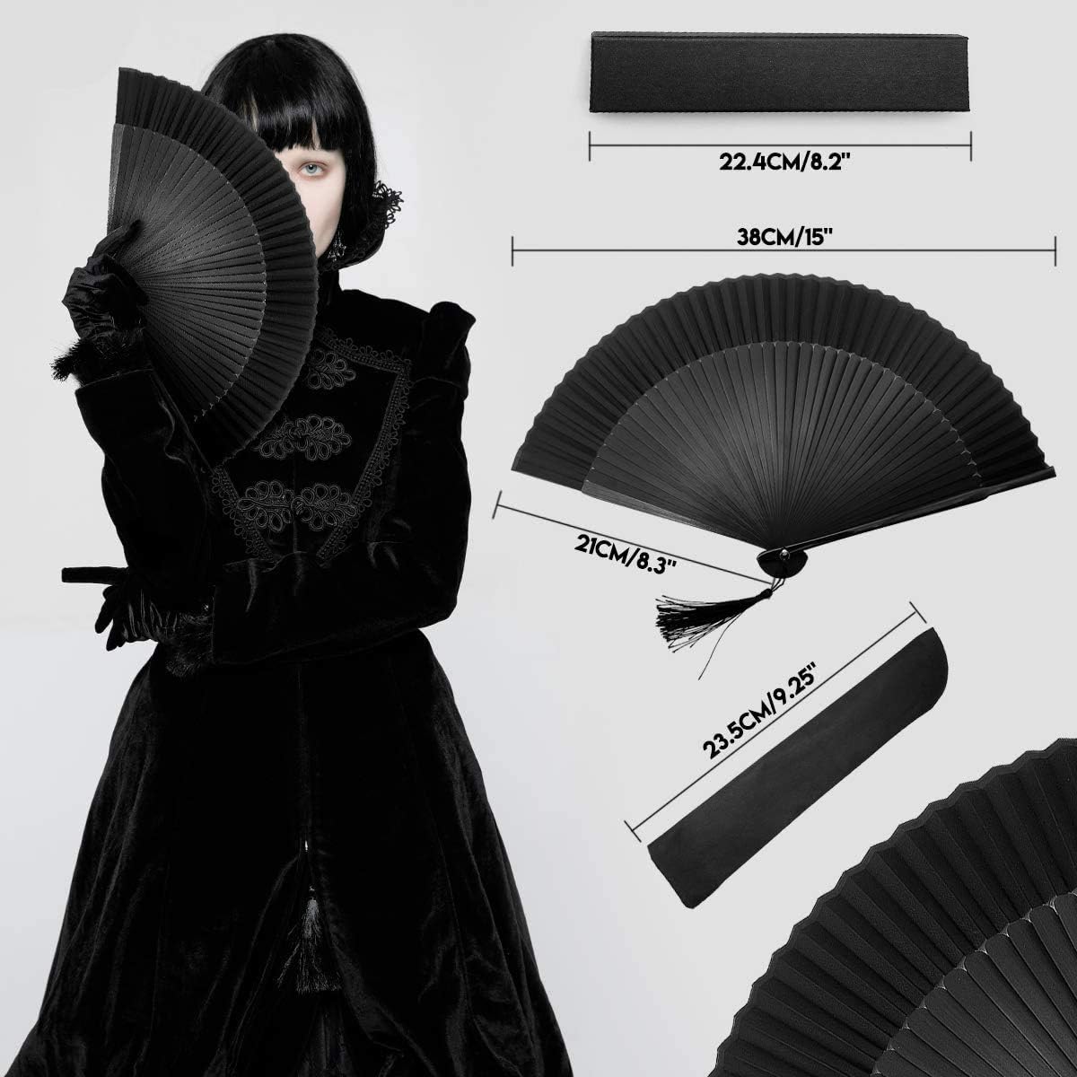iZoeL Handfächer Stofffächer schwarz Fächer Hochzeitsfächer Brautfächer Faltfächer Tanzfächer Für Hochzeit mit Geschenktüte
