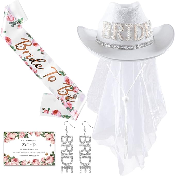 iZoeL Bride to be Hut JGA Brauthut Junggesellinnenabschied set Frauen,JGA Dekoset Brautmütze Bridehut Bride to be Schärpe Schleier Ohrringe Bride karte Bride Accessoires für Hochzeit Party(Weiß)