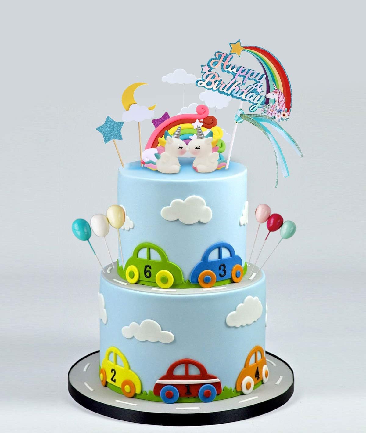 iZoeL Tortendeko Geburtstag Einhorn Kuchen Topper Regenbogen Happy Birthday Topper Wolke Sterne Kuchenaufsatz