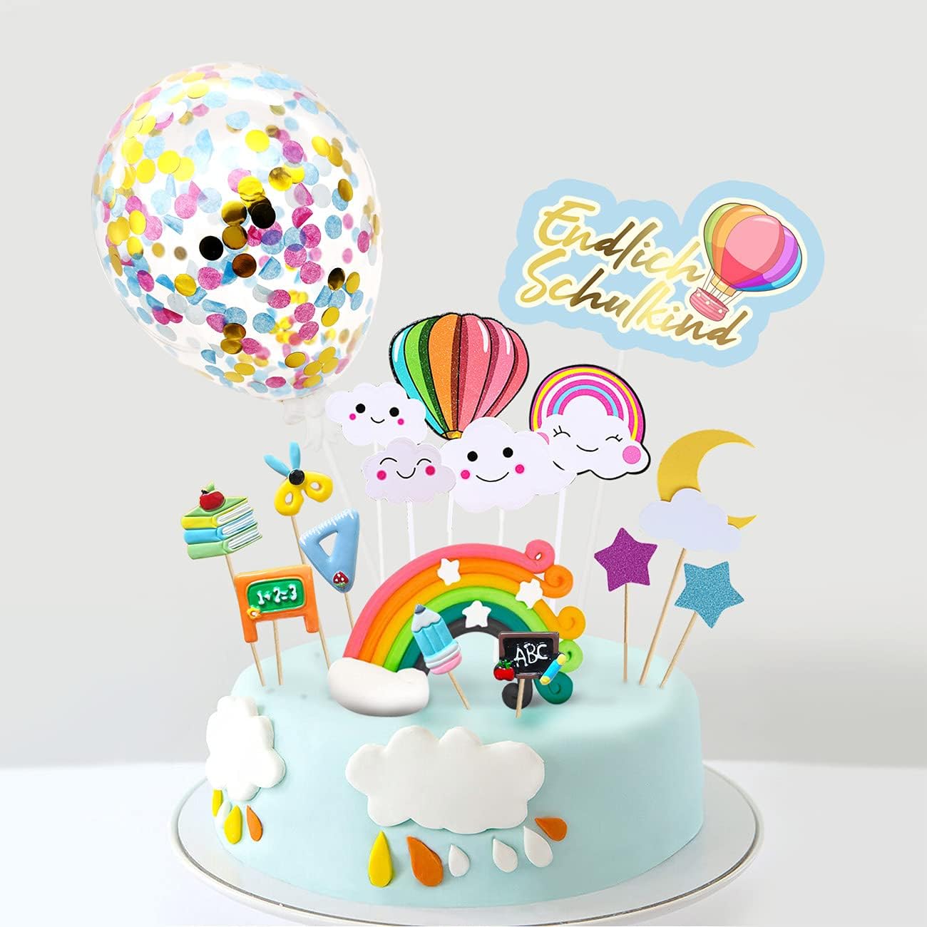 iZoeL Tortendeko Einschulung Schulanfang Kuchen Deko Endlich Schulkind Cake Topper Regenbogen Konfetti Ballon ABC 123 Tortenaufsätze für Mädchen Junge