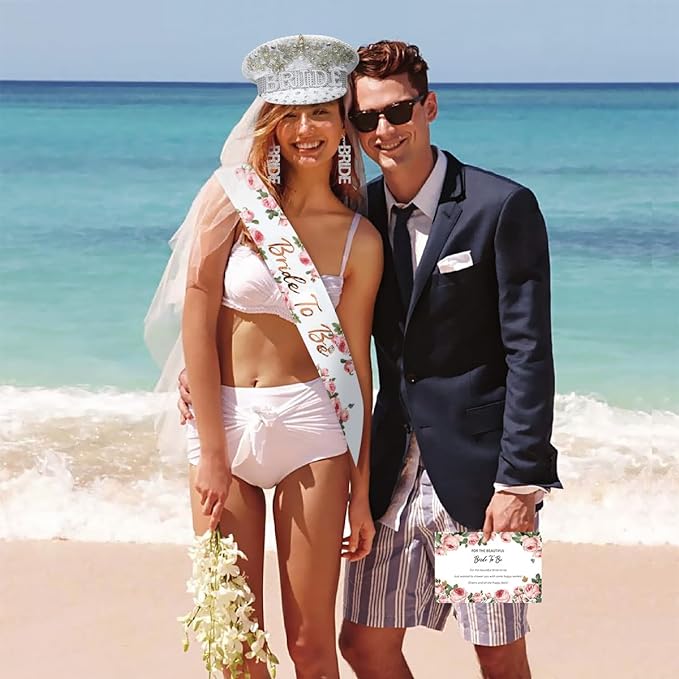 iZoeL Bride to be Hut JGA Brauthut Junggesellinnenabschied Set Frauen,JGA Dekoset Brautmütze Schirmmütze Bride to be Schärpe Schleier Ohrringe Bride Karte Bride Accessoires für Hochzeit Party (Weiß