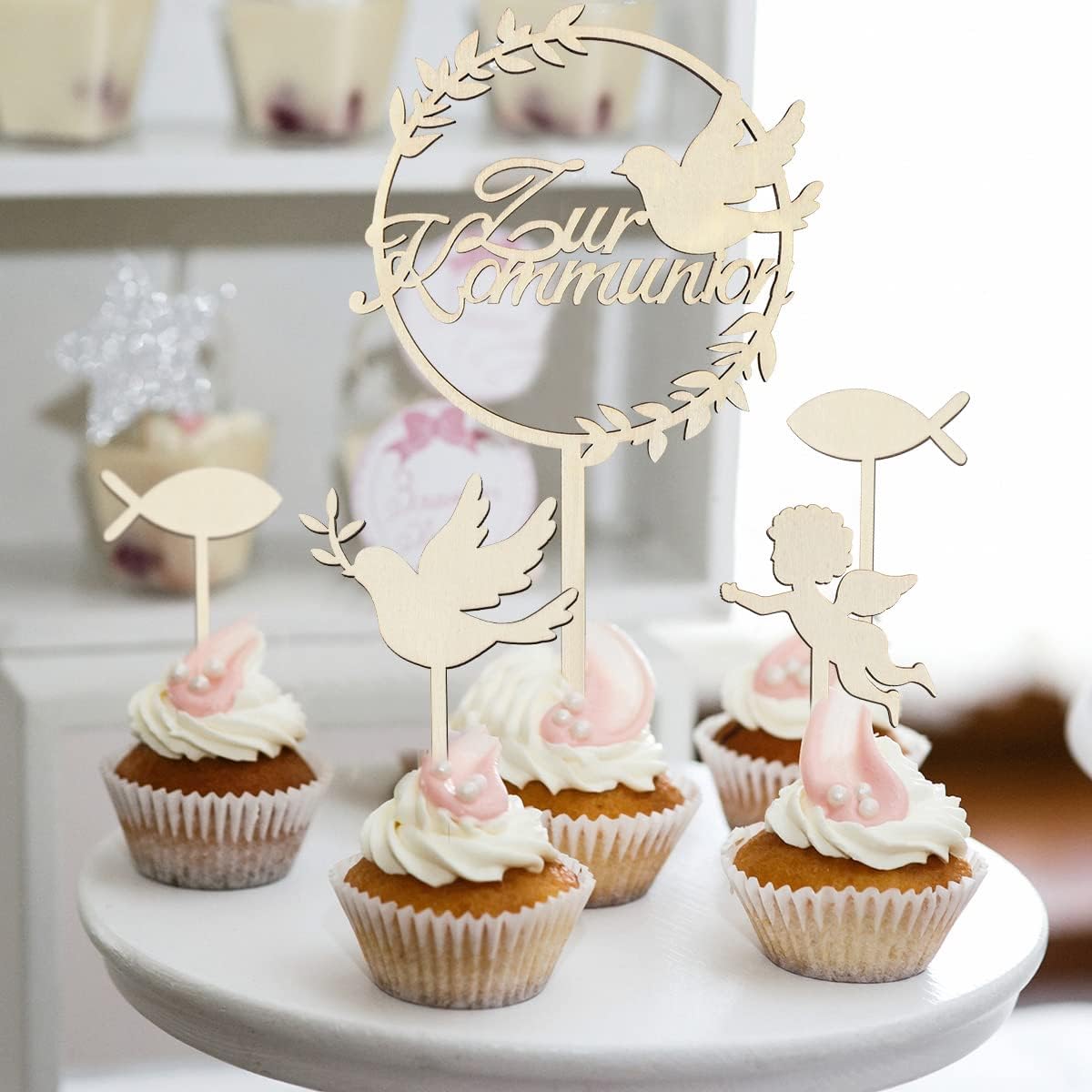 iZoeL Tortendeko Kommunion Holz Kuchendeko Cake Topper Taube Fisch Konfirmation Torten Topper Junge Mädchen, Meine Erstkommunion Kuchendeko - Cake Topper Taufe Erinnerung Kommunion(10 Stück)