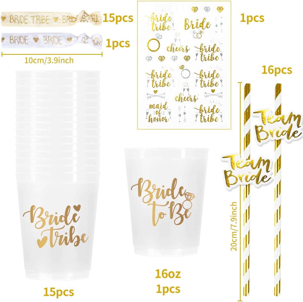 iZoeL 16Set JGA Becher Bride Tribe Cups/Team Bride Strohhalme/JGA Armbänder/JGA Bride To be Tattoo, Junggesellenabschied Frauen Deko Rosegold