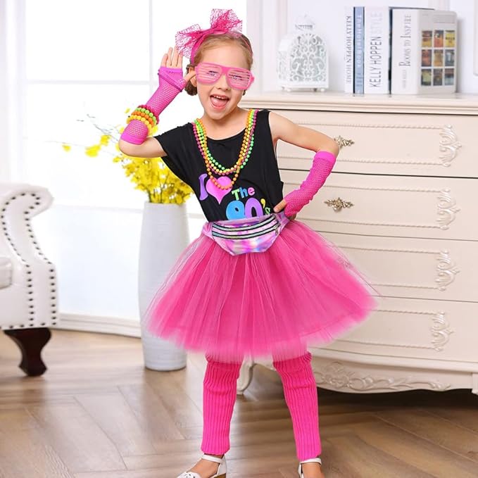 iZoeL 80er Jahre Kostüm Damen, 80er Outfit 80er Kleidung, 15tgl. Ink. Tutu Rock Bauchtasche Haarreif Brille Armband Halskette Ohrringe, 80er Retro Party Accessoires