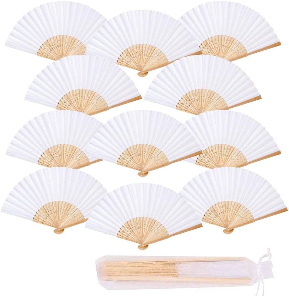 iZoeL 12 STK Handfächer Weiß Fächer Hochzeit Papierfächer Hochzeitsfächer Taschenfächer Faltfächer Gastgeschenk für Hochzeit Sommer Party mit Beutel(Weiß)