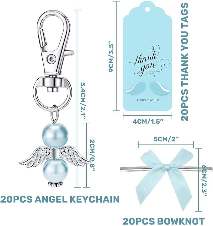 iZoel Dankeschön-Geschenk, blauer Engel, Schlüsselanhänger mit Schleifen und Engelsflügel, Dankeschön-Anhänger, Gastgeschenke für Babyparty, Brautparty, Hochzeitsanhänger, Partygeschenke 20 Stück
