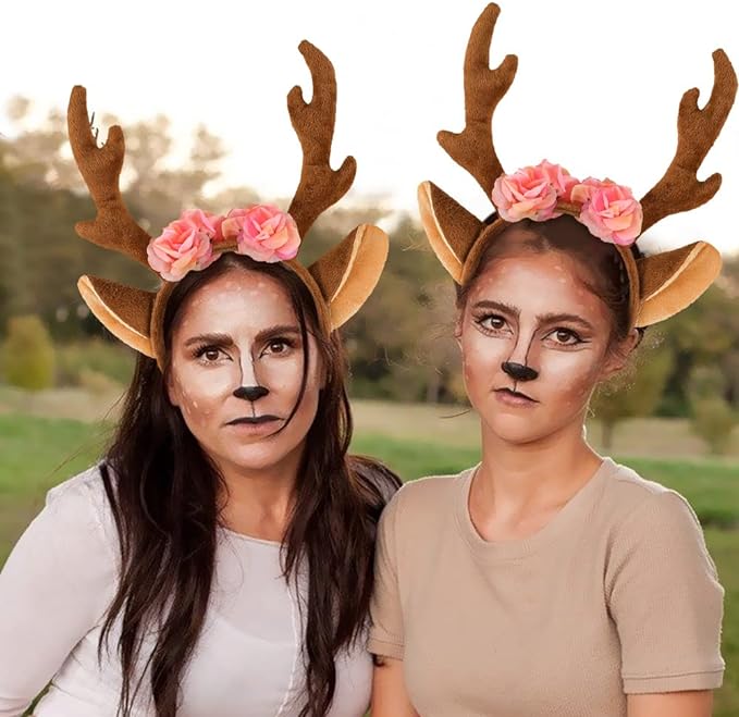 iZoeL Karneval Kostüm Damen Mädchen, Haarreif Reh Geweih Hörner mit Blumen + Reh Gesichtstattoo, Damen Kinder Fasching Kopfschmuck Haarreifen