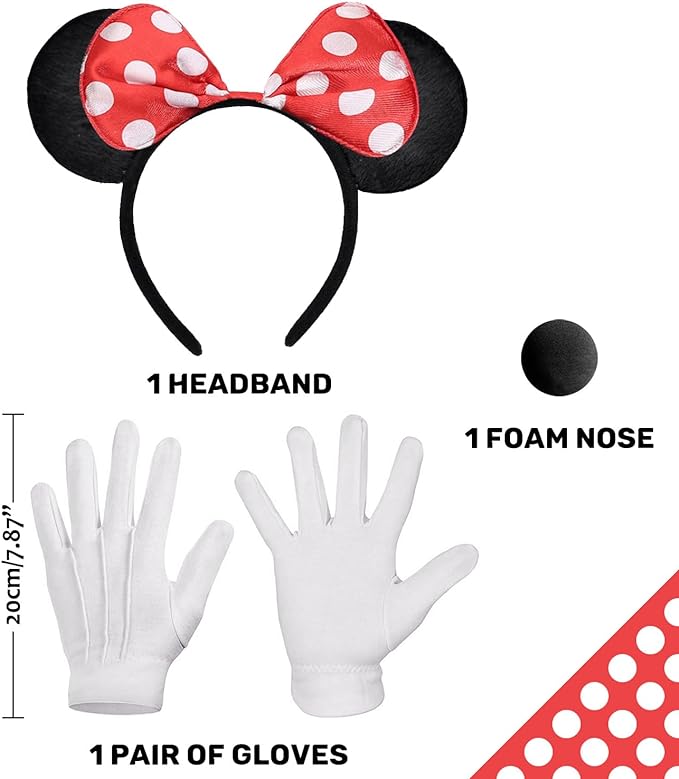 iZoeL Mädchen Maus Mouse Kostüm Rot Tutu mit weiß Gepunktet + Haarreifen mit Maus Ohren + Handschuhe + Nase für Halloween Birthday Fasching Karneval Motto Cosplay Party