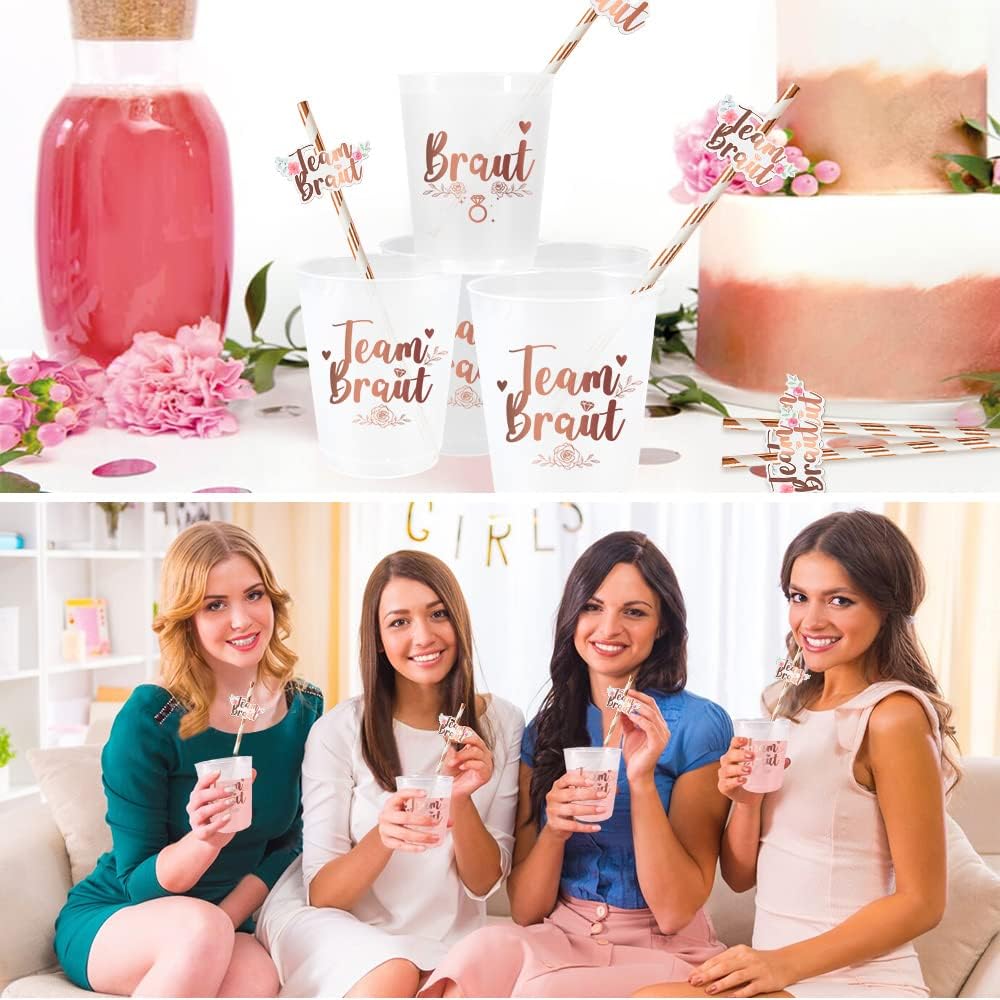 iZoeL 16Set JGA Becher Braut Team Tassen/Team Braut Strohhalme/Team Braut Aufkleber/JGA Braut Team Tassen set, Junggesellenabschied Frauen Deko Rosegold