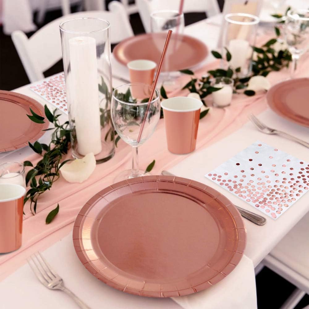 iZoeL 120 STK Rosegold Partygeschirr Set Pappteller Servietten Partybecher Papier Strohhalme je 30Stück für Geburtstag Hochzeit Party Tafeldeko