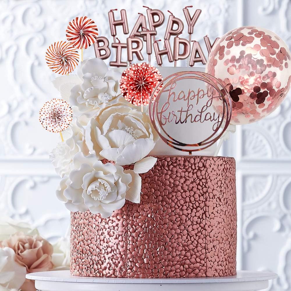 iZoeL Tortendeko Geburtstag Rosegold Happy Birthday Cake Topper Kerze Konfetti Luftballon Papierfächer Rosa Gold Kuchendeko