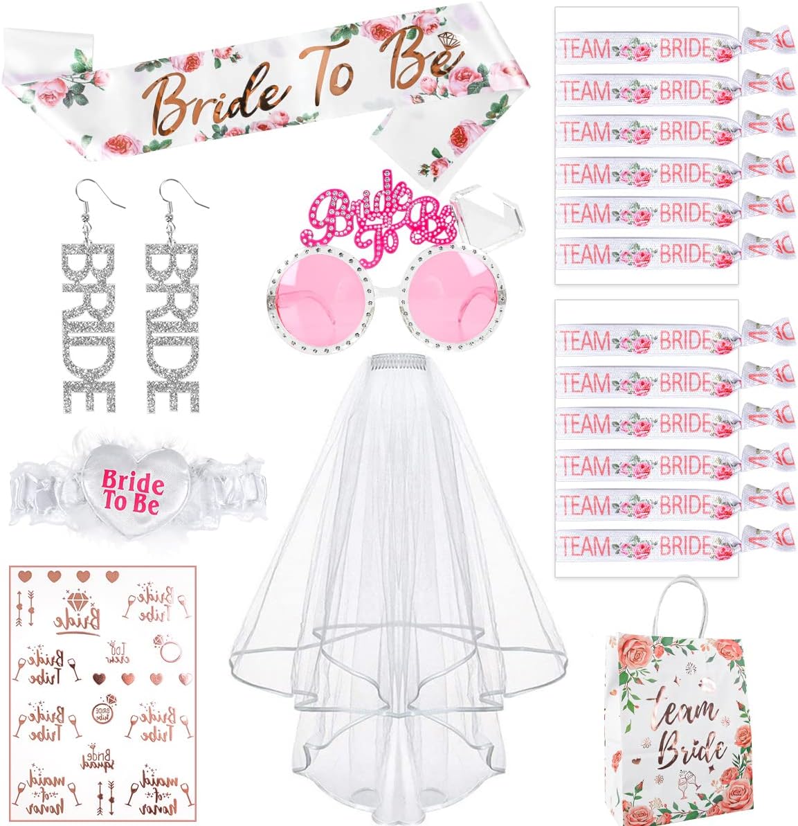 iZoeL 18 Pcs JGA Bride to be Deko Junggesellinnenabschied Accessoires Frauen, Bride to be Schärpe Schleier Party Brille Ohrringe, Team Bride Armbänder Tattoo(Rosa)