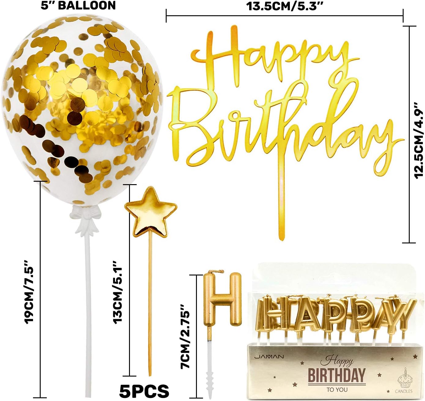 iZoeL Tortendeko Gold Happy Birthday Kerzen Konfetti Luftballon Sterne Cake Topper Kuchendeko Golde Geburtstag Dekoration
