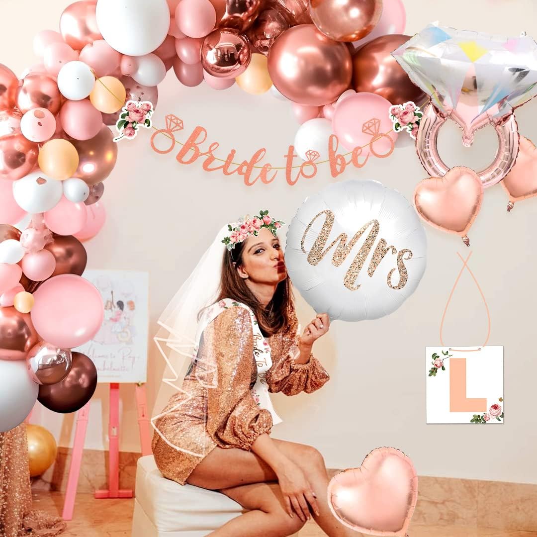 iZoeL Bride to be Deko Junggesellinnenabschied Accessoires Frauen, Bride to be Girlande Schärpe Schleier, JGA Foto-Booth Requisiten, JGA Party Dekoration Luftballon Folienballon (Rosegold)
