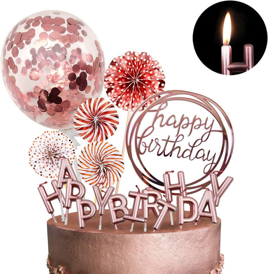 iZoeL Tortendeko Geburtstag Rosegold Happy Birthday Cake Topper Kerze Konfetti Luftballon Papierfächer Rosa Gold Kuchendeko