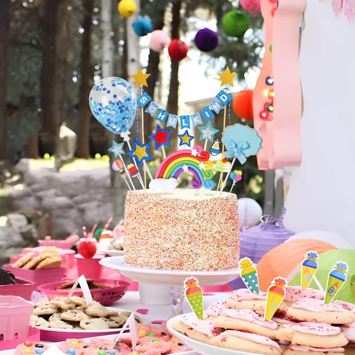 iZoeL Tortendeko Einschulung Junge Blau Schulkind Girlande Schulanfang Kuchendeko Zuckertüte Kuchen Deko ABC 123 Ballon Tortenaufsätze Torten Cupcake Muffin Topper