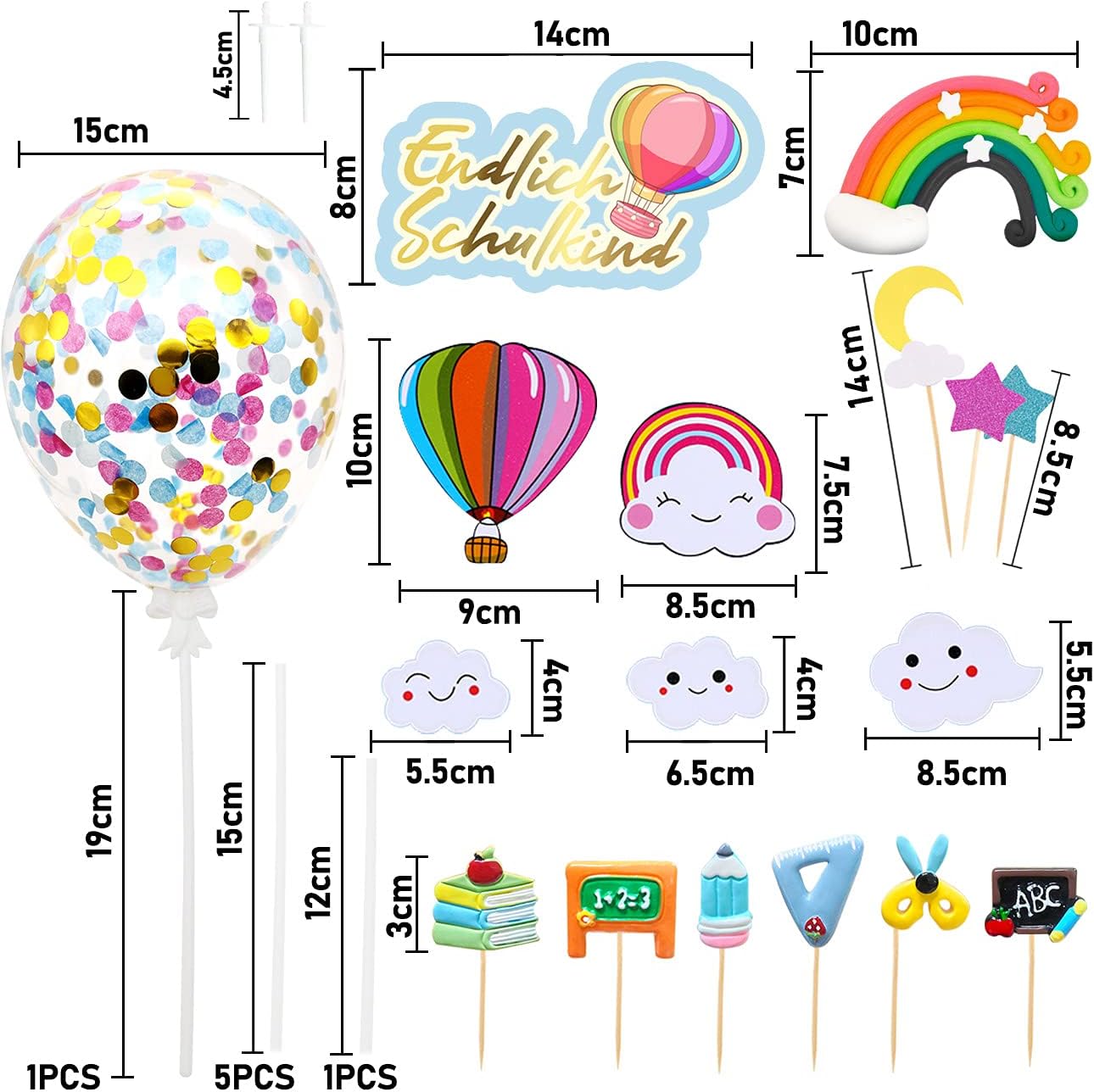 iZoeL Tortendeko Einschulung Schulanfang Kuchen Deko Endlich Schulkind Cake Topper Regenbogen Konfetti Ballon ABC 123 Tortenaufsätze für Mädchen Junge