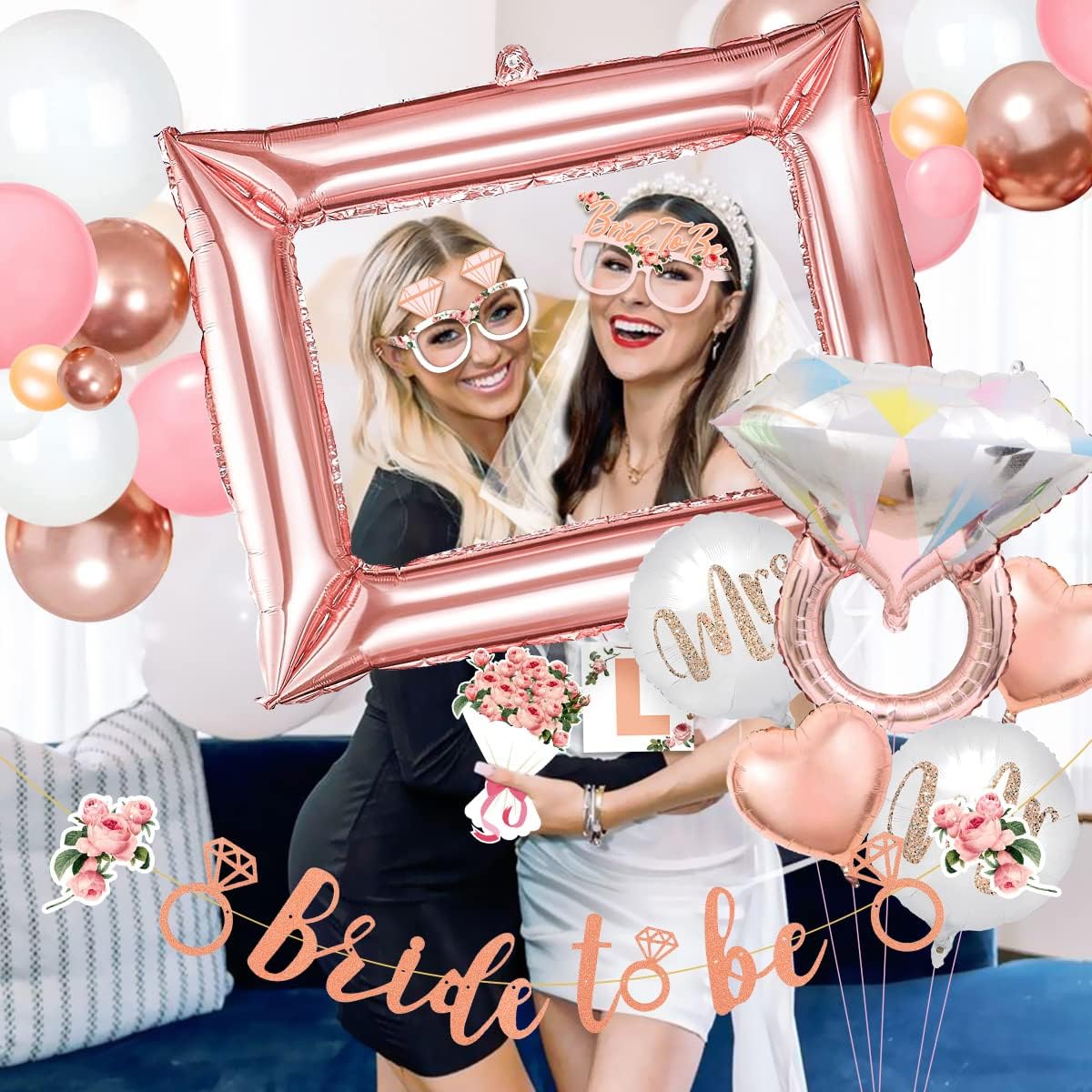 iZoeL Bride to be Deko Junggesellinnenabschied Accessoires Frauen, Bride to be Girlande Schärpe Schleier, JGA Foto-Booth Requisiten, JGA Party Dekoration Luftballon Folienballon (Rosegold)
