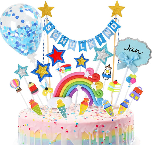 iZoeL Tortendeko Einschulung Junge Blau Schulkind Girlande Schulanfang Kuchendeko Zuckertüte Kuchen Deko ABC 123 Ballon Tortenaufsätze Torten Cupcake Muffin Topper