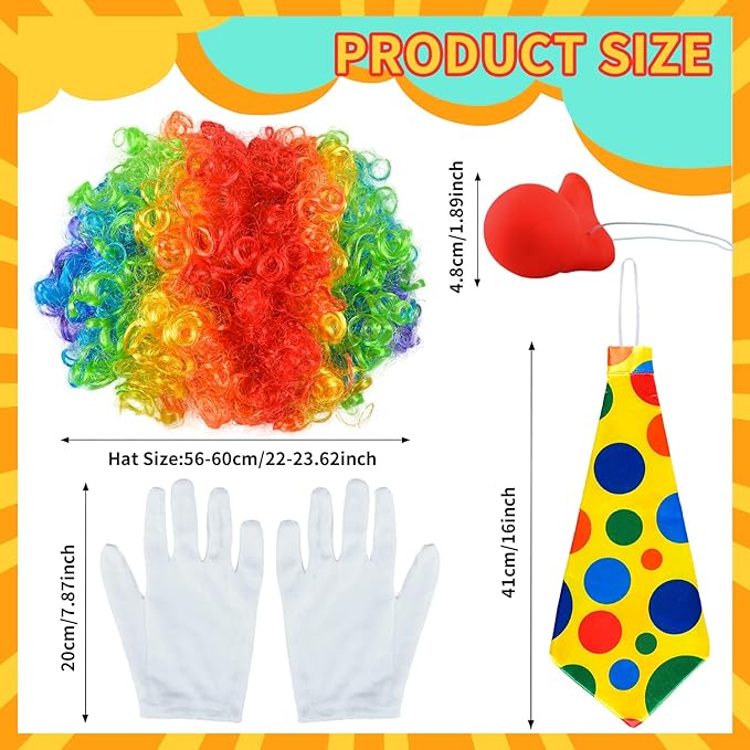 iZoeL Clown Kostüm Accessoire, Clown Lockenperücke + Clownsnase + Bunte Krawatte + Handschuhe, Fasching Karneval Kostüme für Kinder Damen Herren