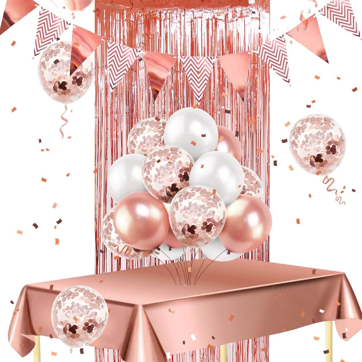 iZoeL Rosegold Partygeschirr Partydeko Pappteller Partybecher Servietten Strohhalme für 16 Gäste Girlande Tischdecke Vorhänge Luftballon für Geburtstag Hochzeit Party (Rosegold)