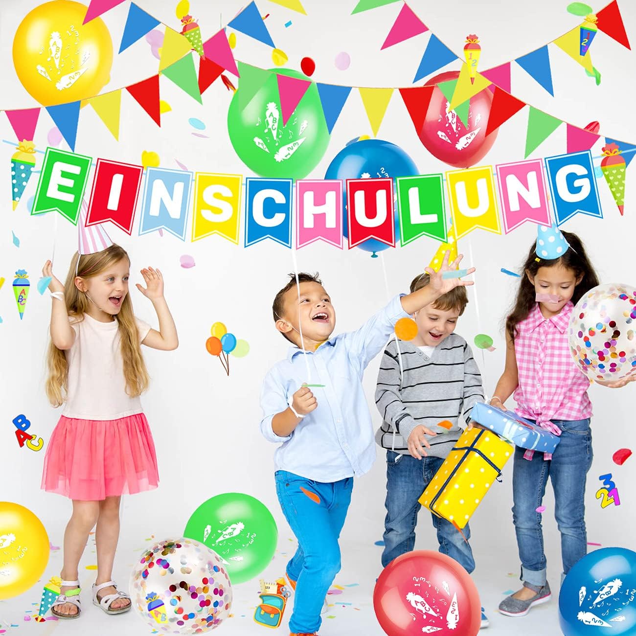 iZoeL Schulanfang Deko Jungen Mädchen, Einschulung Girlande Alles Gute Zum Schulanfang + 40m Wimpelkette + Einschulung Luftballon + Einschulung Konfetti + Folienballon