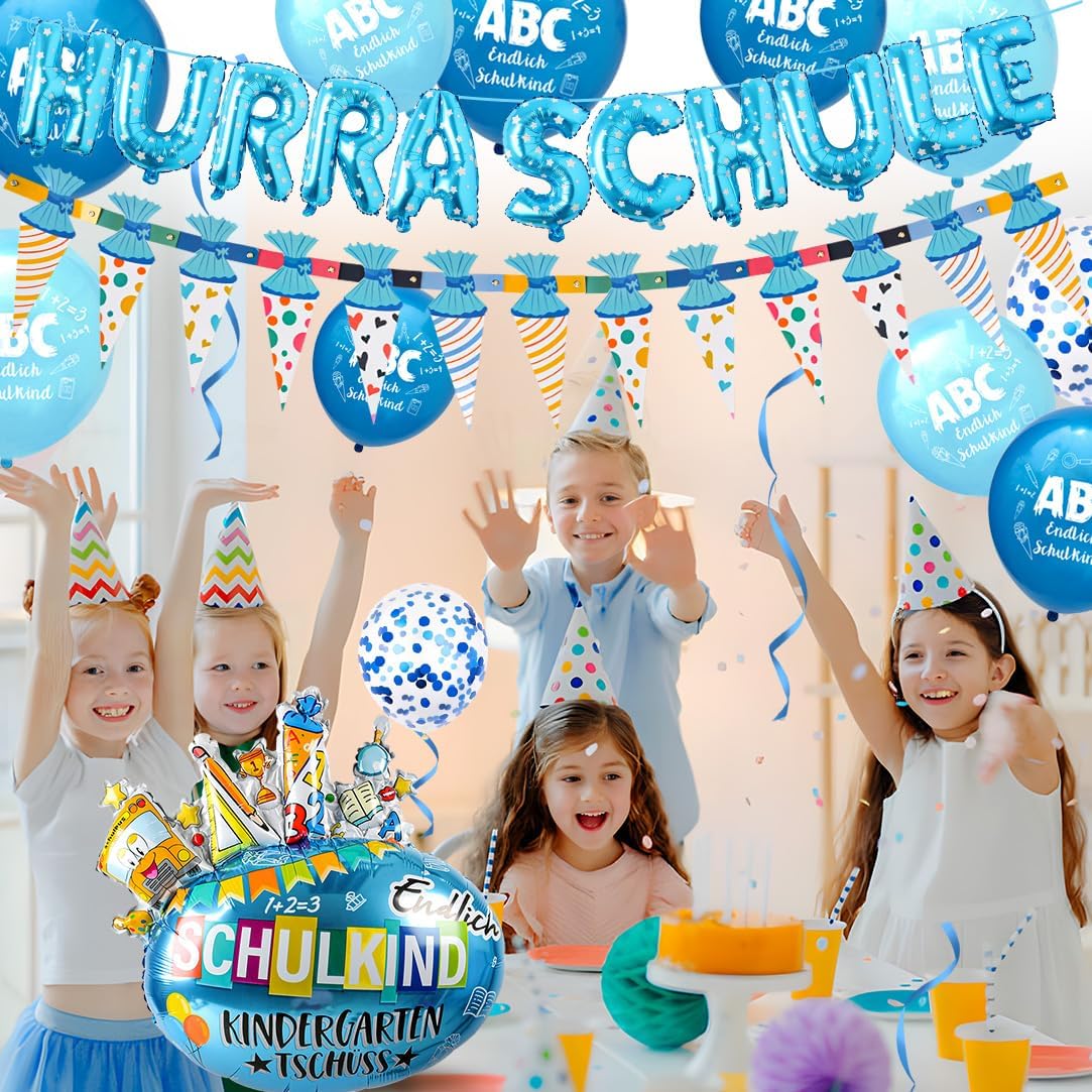 iZoeL Einschulung Deko Junge HURRA SCHULKIND Girlande + Zuckertüten Girlande + SCHULKIND Folienballon + 15 Luftballon + 14 Deko Konfetti Schulanfang Deko Einschulungsdeko