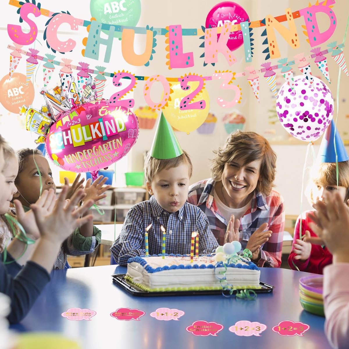 iZoeL SCHULKIND 2023 Deko Einschulung Mädchen, SCHULKIND Girlande + 2023 Zuckertüten Girlande + SCHULKIND Folienballon + 15 Luftballon + 16 Konfetti Schulanfang Schuleinführung Deko