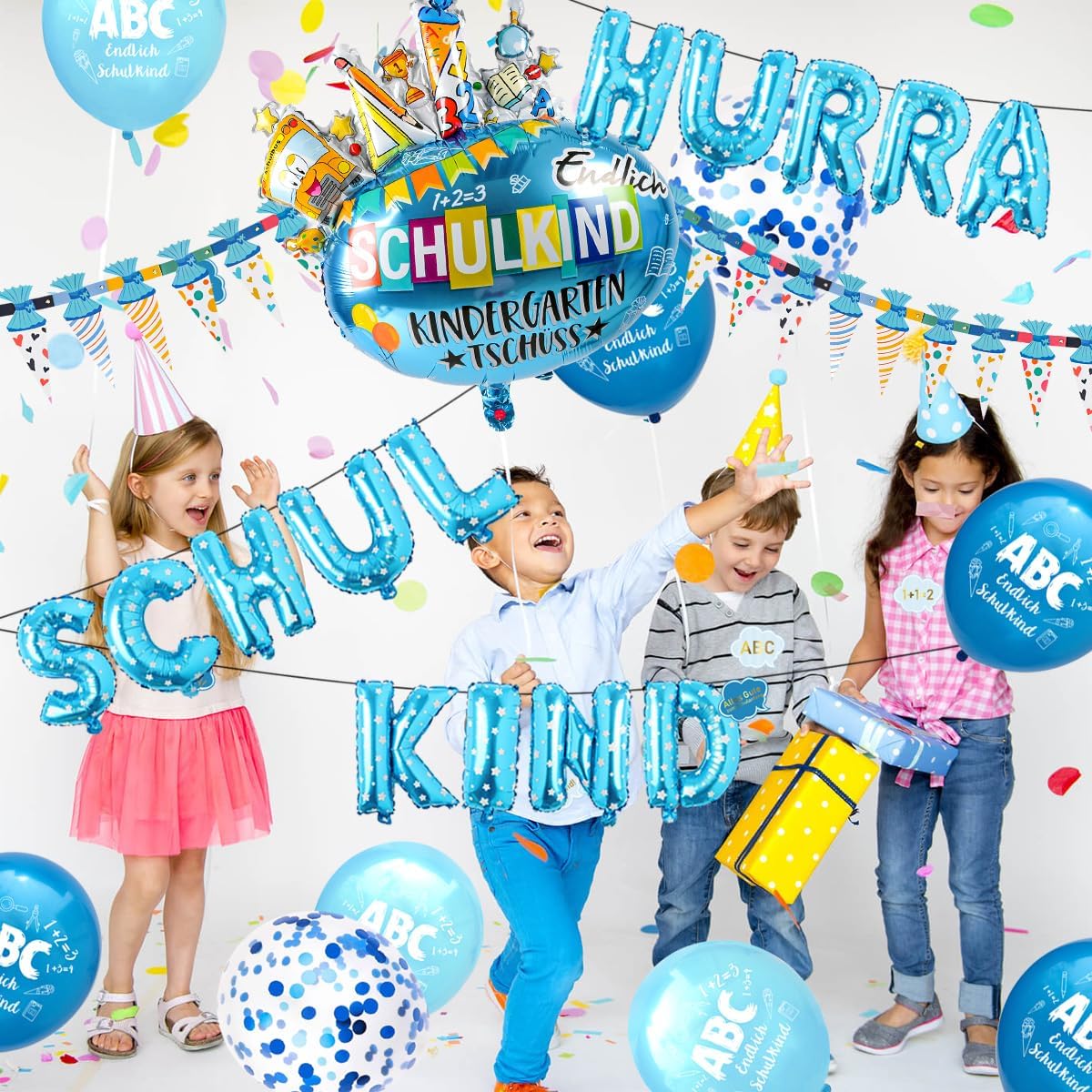iZoeL Einschulung Deko Junge HURRA SCHULKIND Girlande + Zuckertüten Girlande + SCHULKIND Folienballon + 15 Luftballon + 14 Deko Konfetti Schulanfang Deko Einschulungsdeko
