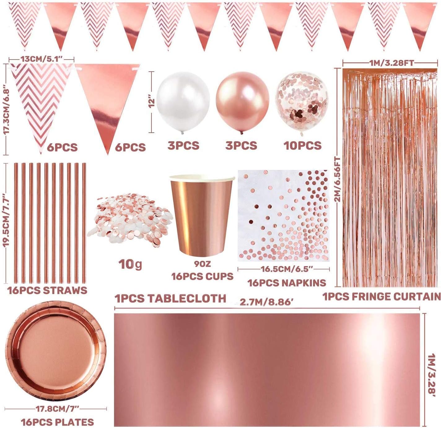 iZoeL Rosegold Partygeschirr Partydeko Pappteller Partybecher Servietten Strohhalme für 16 Gäste Girlande Tischdecke Vorhänge Luftballon für Geburtstag Hochzeit Party (Rosegold)