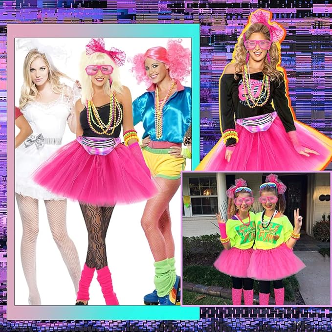 iZoeL 80er Jahre Kostüm Damen, 80er Outfit 80er Kleidung, 15tgl. Ink. Tutu Rock Bauchtasche Haarreif Brille Armband Halskette Ohrringe, 80er Retro Party Accessoires