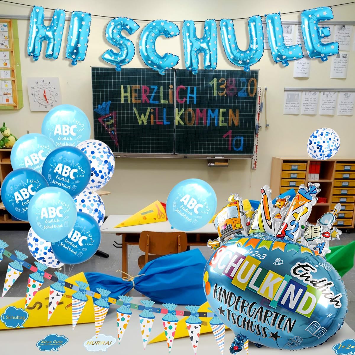 iZoeL Einschulung Deko Junge HURRA SCHULKIND Girlande + Zuckertüten Girlande + SCHULKIND Folienballon + 15 Luftballon + 14 Deko Konfetti Schulanfang Deko Einschulungsdeko