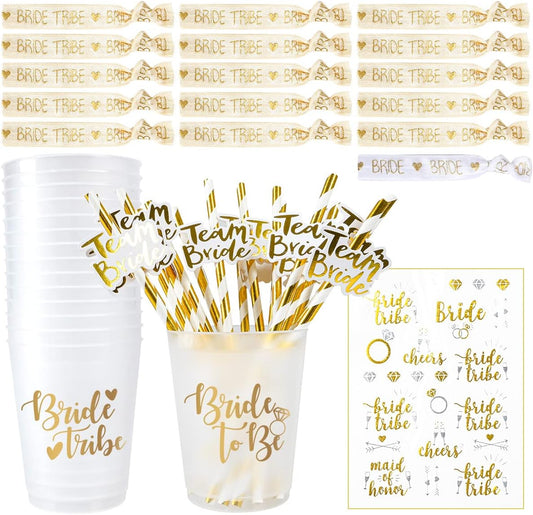 iZoeL 16Set JGA Becher Bride Tribe Cups/Team Bride Strohhalme/JGA Armbänder/JGA Bride To be Tattoo, Junggesellenabschied Frauen Deko Rosegold