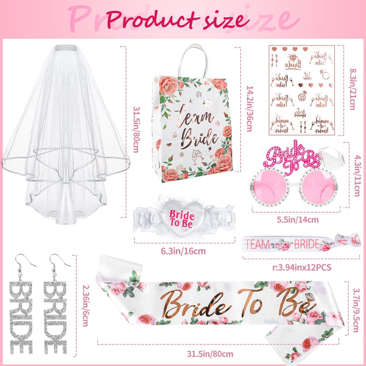 iZoeL 18 Pcs JGA Bride to be Deko Junggesellinnenabschied Accessoires Frauen, Bride to be Schärpe Schleier Party Brille Ohrringe, Team Bride Armbänder Tattoo(Rosa)