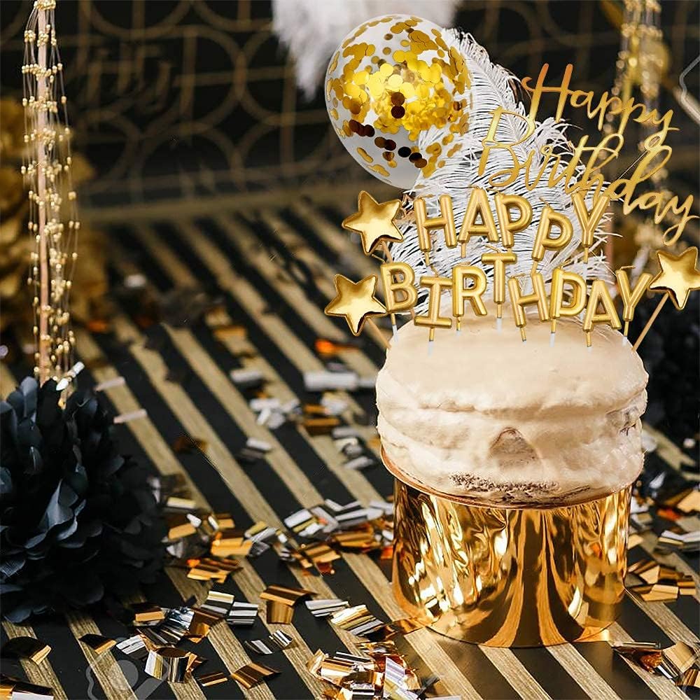 iZoeL Tortendeko Gold Happy Birthday Kerzen Konfetti Luftballon Sterne Cake Topper Kuchendeko Golde Geburtstag Dekoration