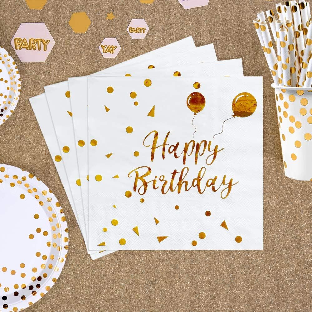 iZoeL 50Stk Geburtstag Servietten Gold Happy Birthday Servietten 33x33cm 3-lagig Pink Papierservietten für Mann Frau Mädchen Party Deko (Rose Gold Happy Birthday) (Weiß+Gold HB)