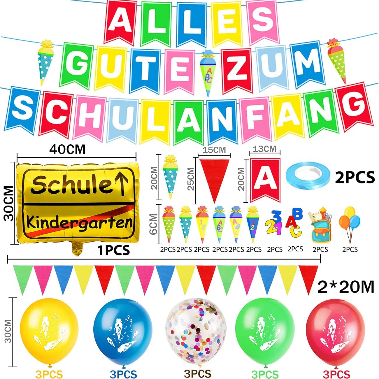 iZoeL Schulanfang Deko Jungen Mädchen, Einschulung Girlande Alles Gute Zum Schulanfang + 40m Wimpelkette + Einschulung Luftballon + Einschulung Konfetti + Folienballon