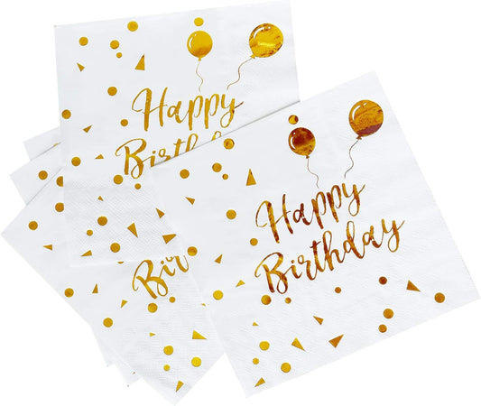 iZoeL 50Stk Geburtstag Servietten Gold Happy Birthday Servietten 33x33cm 3-lagig Pink Papierservietten für Mann Frau Mädchen Party Deko (Rose Gold Happy Birthday) (Weiß+Gold HB)