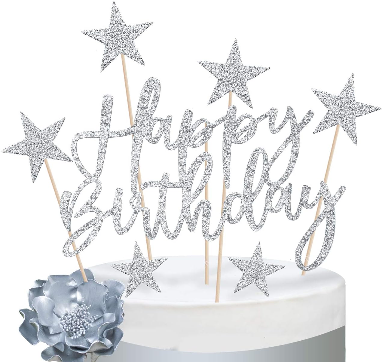 iZoeL Tortendeko Silber 2set Happy Birthday 20pcs Sterne Cake Topper Kuchendeko Silber Geburtstag Dekoration