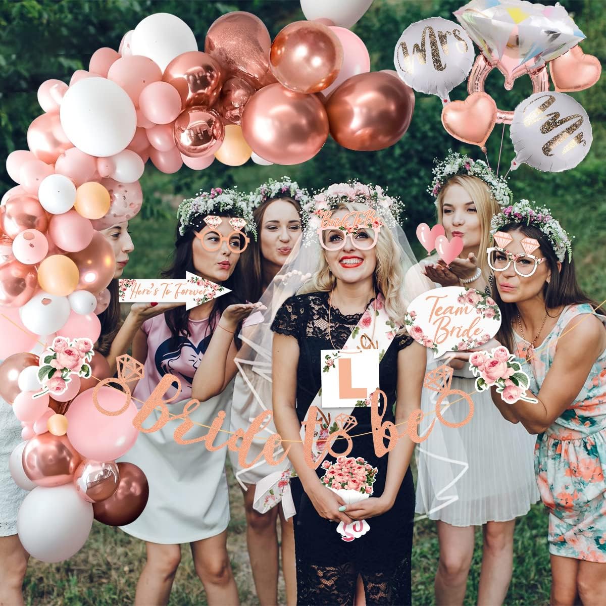 iZoeL Bride to be Deko Junggesellinnenabschied Accessoires Frauen, Bride to be Girlande Schärpe Schleier, JGA Foto-Booth Requisiten, JGA Party Dekoration Luftballon Folienballon (Rosegold)