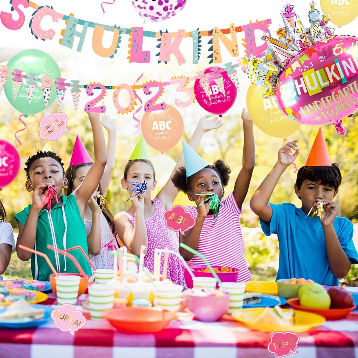 iZoeL SCHULKIND 2023 Deko Einschulung Mädchen, SCHULKIND Girlande + 2023 Zuckertüten Girlande + SCHULKIND Folienballon + 15 Luftballon + 16 Konfetti Schulanfang Schuleinführung Deko