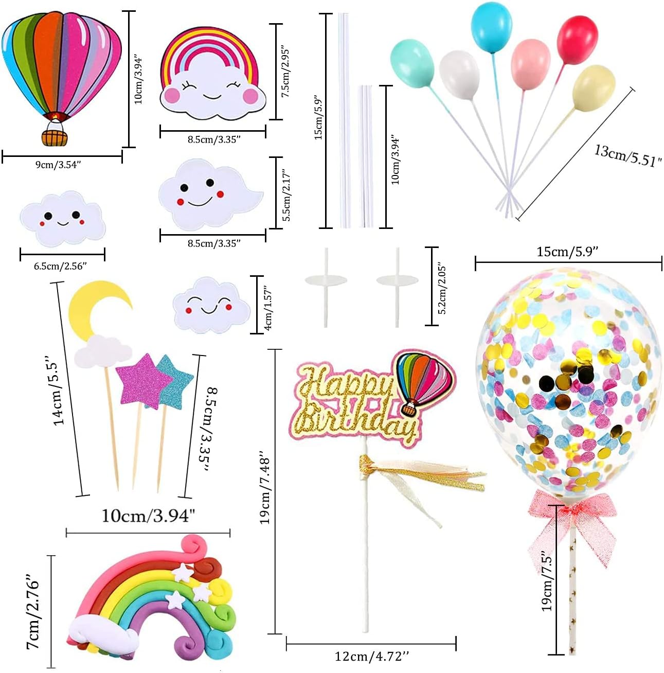 iZoeL Kuchendeko Happy Birthday Tortendeko Geburtstag Cake Topper Regenbogen Konfetti Ballon Cupcake Muffin Deko für Mädchen Junge (Bunt happy birthday)