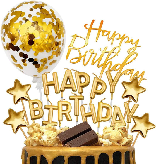 iZoeL Tortendeko Gold Happy Birthday Kerzen Konfetti Luftballon Sterne Cake Topper Kuchendeko Golde Geburtstag Dekoration