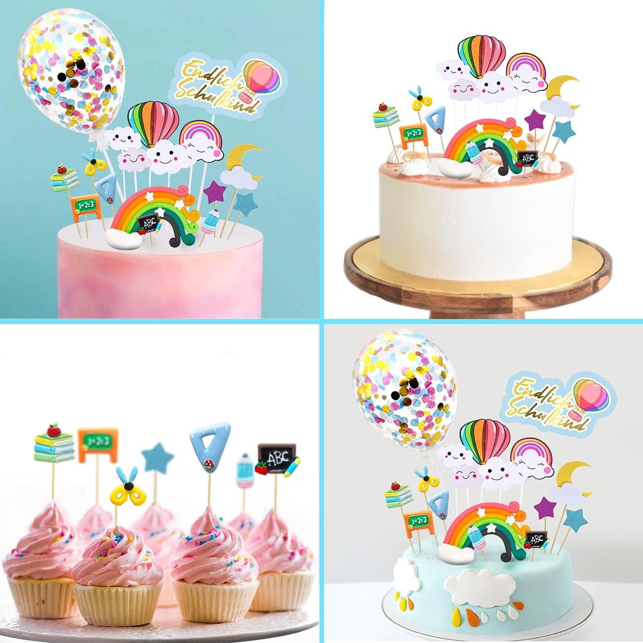 iZoeL Tortendeko Einschulung Schulanfang Kuchen Deko Endlich Schulkind Cake Topper Regenbogen Konfetti Ballon ABC 123 Tortenaufsätze für Mädchen Junge