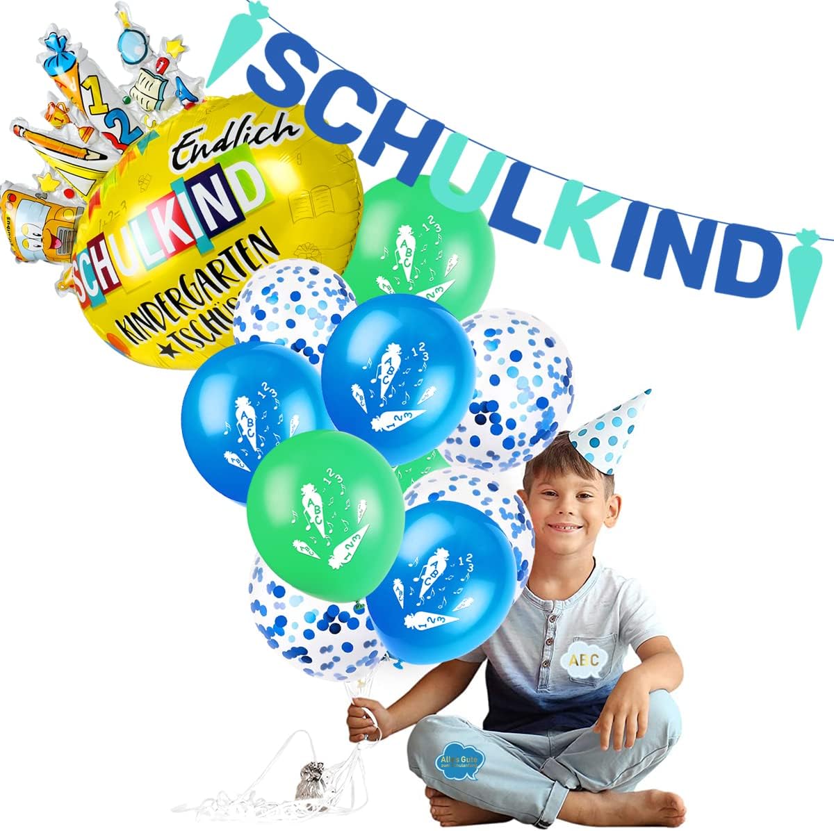 iZoeL Einschulung Deko Jungen SCHULKIND Zuckertüte Girlande + Einschulung Folienballon + 15 Schulanfang Luftballon + 14 Deko Konfetti Schuleinführung Einschulungsfeier Dekoration